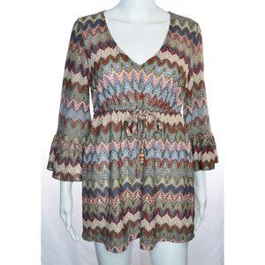 NWOT Boston Proper Chevron Metallic Bell Sleeve Boho Tunic Top Size M